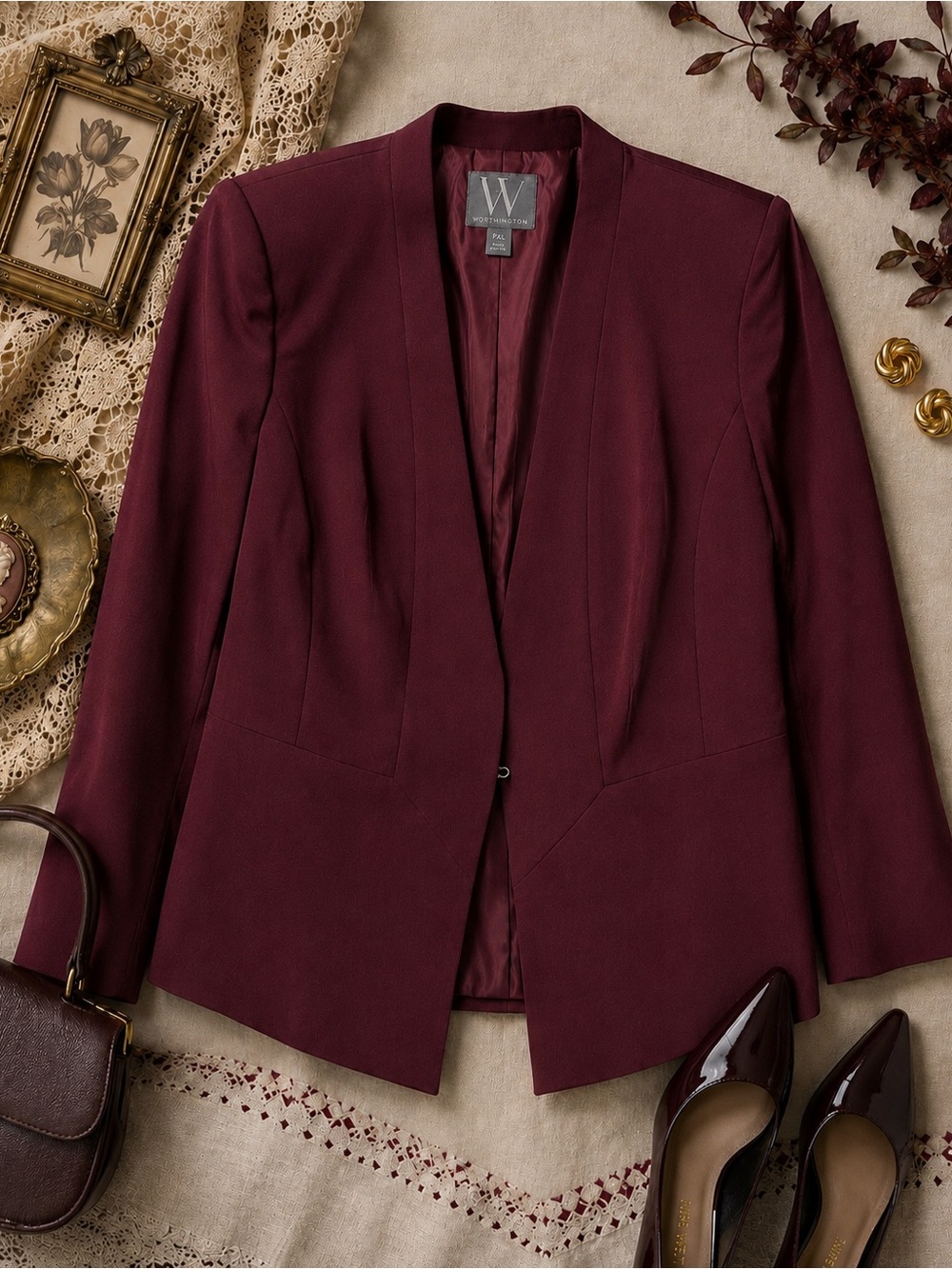 Worthington Bold Burgundy Open Front Blazer NWT XL Petite Hidden Hook Career